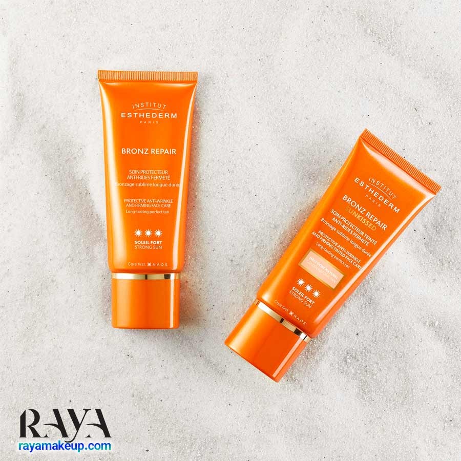 کرم چندکاره ضد آفتاب رنگی و برنزه کننده استادرم مدل برنز ریپیر Institut Esthederm Bronz Repair Strong Sun