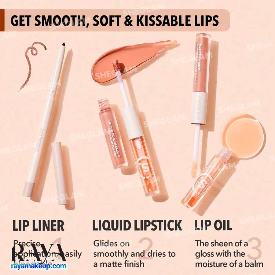 ست خط لب و رژ لب مایع و لیپ گلاس دو سر مدل سافت 90 گلم شیگلم Sheglam Soft 90's Glam Lip liner and Lip Duo Set