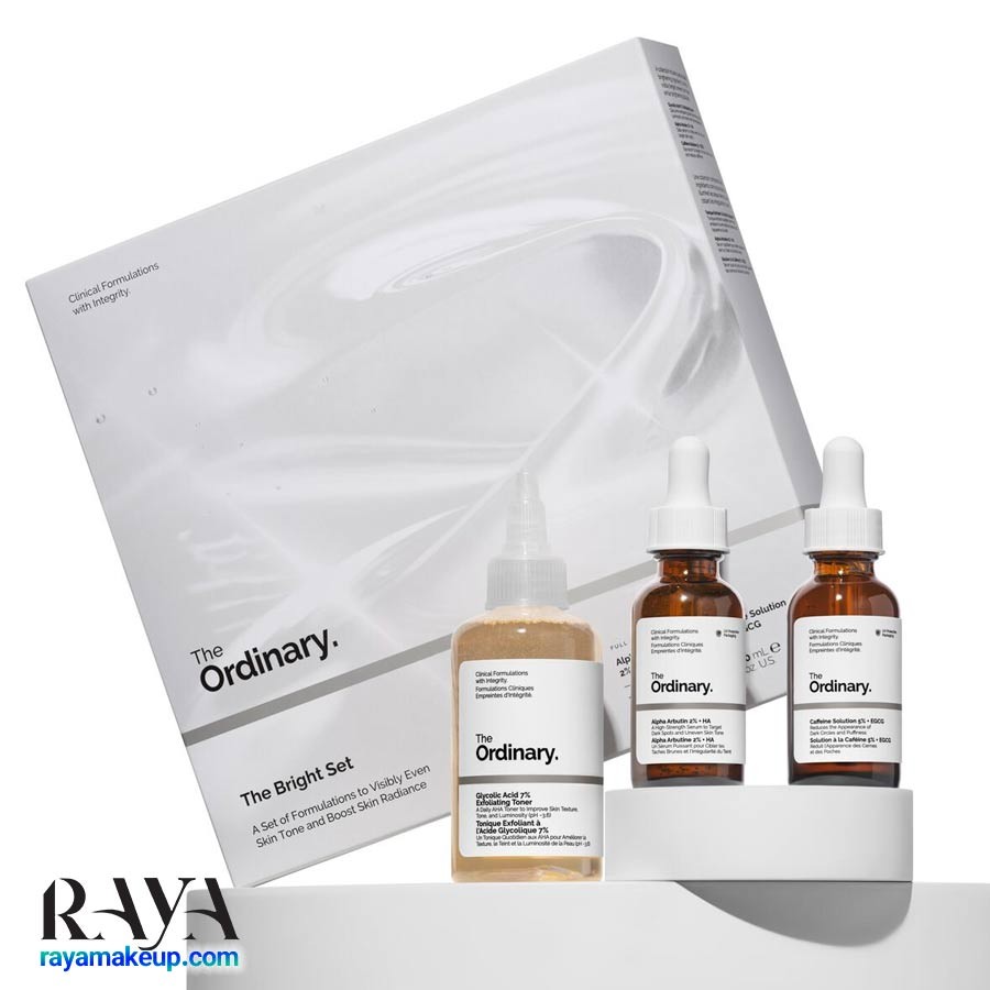 ست سه عددی تونر گلیکولیک اسید و سرم آلفا آربوتین و سرم دورچشم کافئین اوردینری The Ordinary The Bright Set