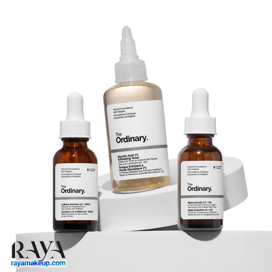 ست سه عددی تونر گلیکولیک اسید و سرم آلفا آربوتین و سرم دورچشم کافئین اوردینری The Ordinary The Bright Set