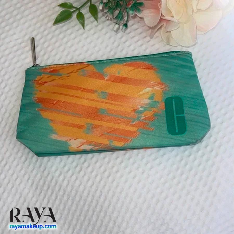 کیف آرایشی پارچه ای کلینیک طرح قلب نارنجی Clinique Heart Design Cosmetic Bag Turquoise & Orange Zipup Pouch 