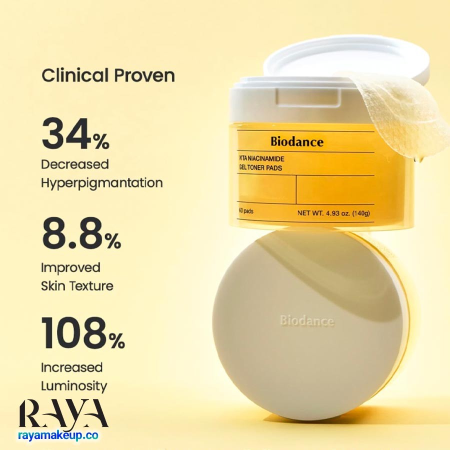 پد تونر ویتامین C و نیاسینامید بایودنس ضد لک و لایه بردار Biodance Vita Niacinamide Gel Toner Pads 