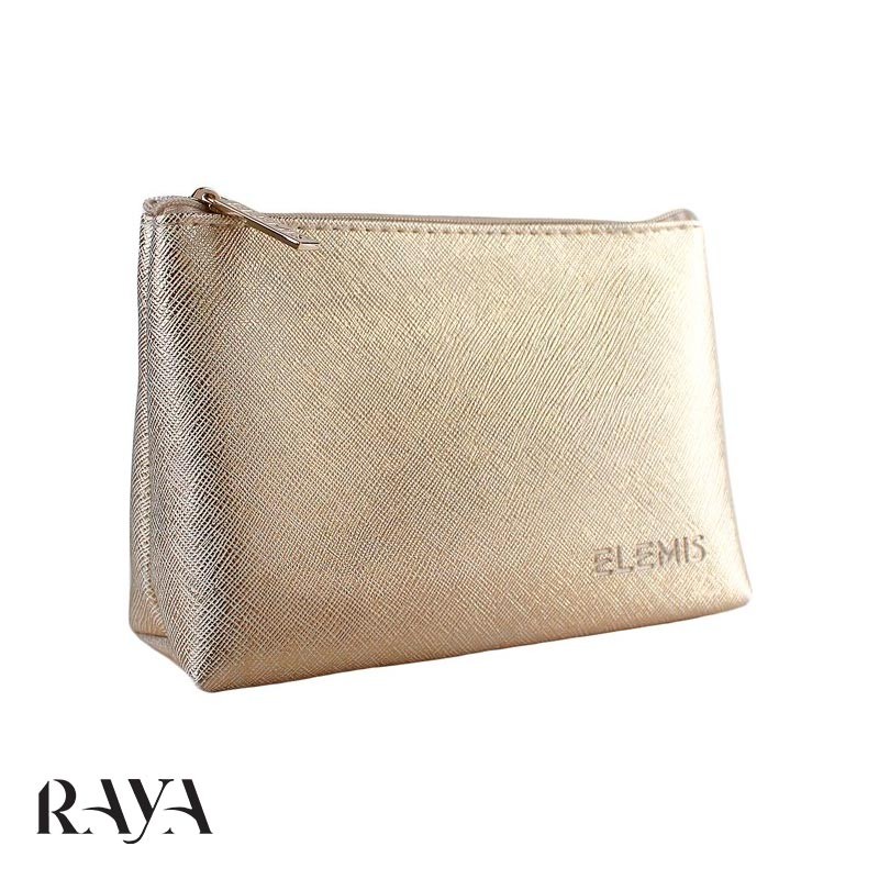 کیف لوازم آرایشی چرمی طلایی و براق زیپ دار المیس Elemis Golden Metallic with Zipper Cosmetic Makeup Pouch Travel Bag