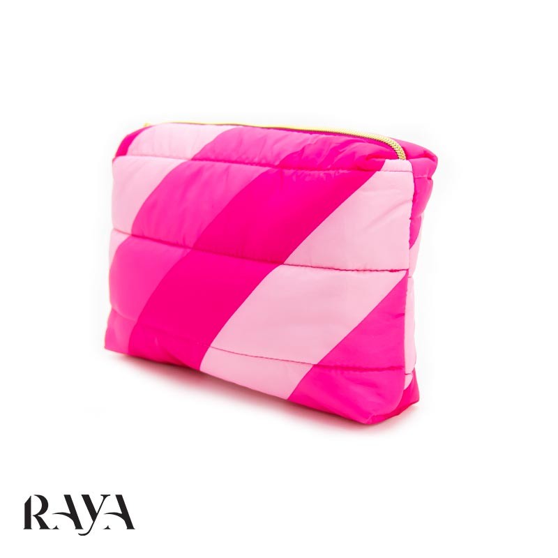 کیف لوازم آرایشی پفی و راه راه صورتی استی لادر Estee Lauder pink stripe Travel Wash Makeup Bag