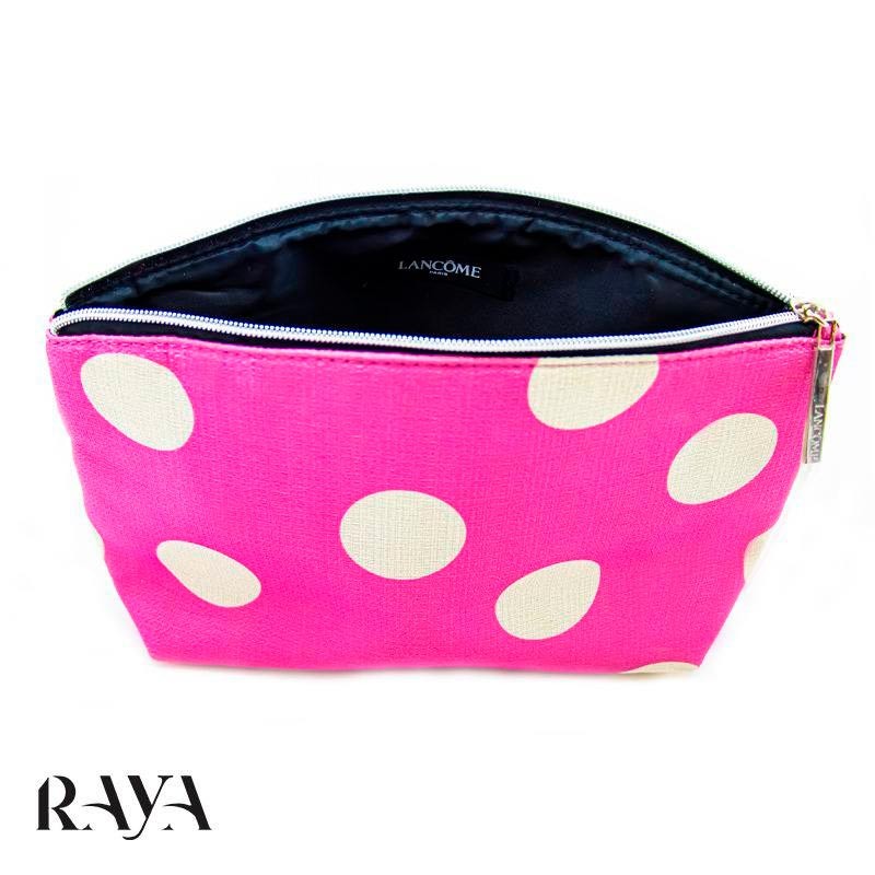 کیف لوازم آرایش لانکوم صورتی و توپی سفید Lancome cosmetic pink bag with white balls